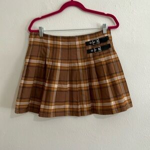 Scottish  Kilt Schoolgirl Brown Gold Black Plaid Black Buckles Size L
